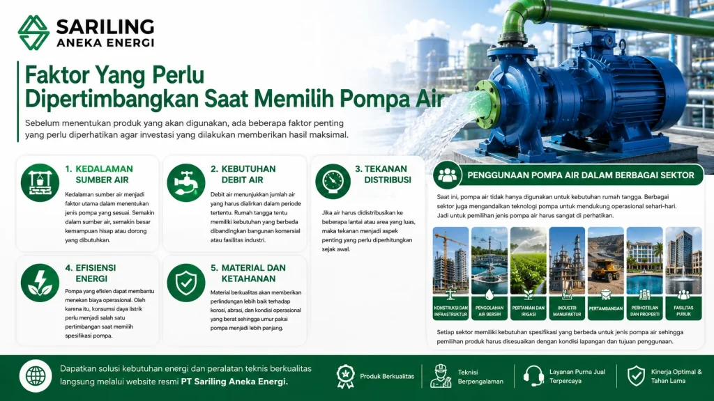 Faktor yang perlu dipertimbangkan saat memilih pompa air meliputi kedalaman sumber air, kebutuhan debit, tekanan distribusi, efisiensi energi, dan ketahanan material dengan logo Sariling Aneka Energi