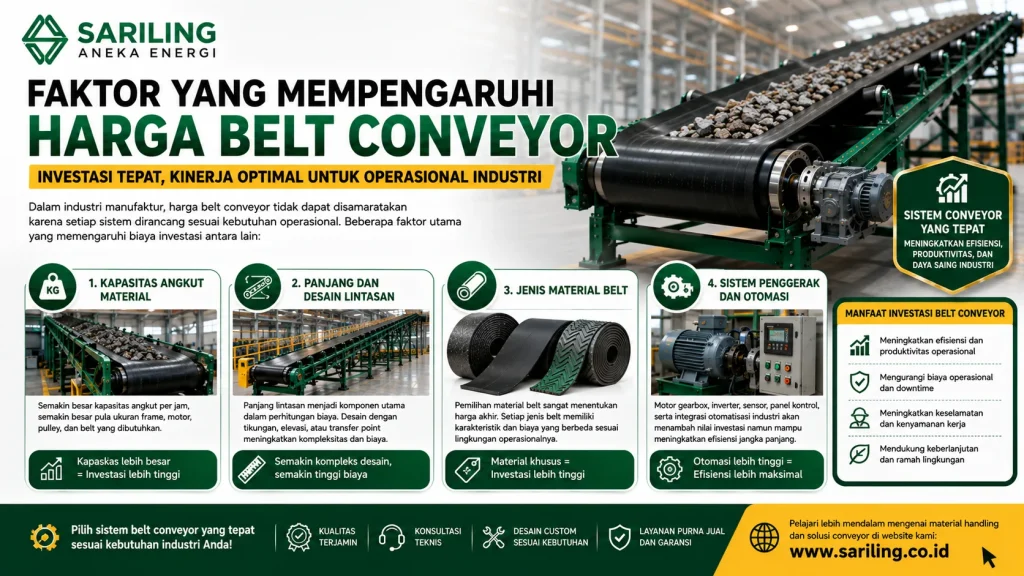 Faktor yang mempengaruhi harga belt conveyor industri dari Sariling Aneka Energi meliputi kapasitas angkut material, panjang dan desain lintasan, jenis material belt, serta sistem penggerak dan otomasi untuk meningkatkan efisiensi operasional industri.