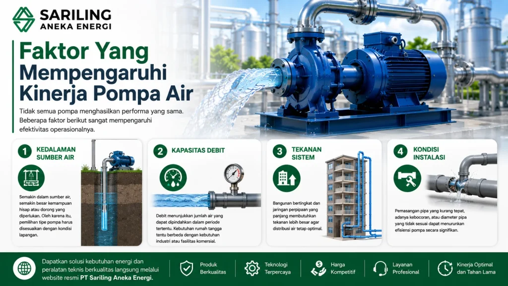 Faktor yang mempengaruhi kinerja pompa air meliputi kedalaman sumber air, kapasitas debit, tekanan sistem, dan kondisi instalasi dengan logo Sariling Aneka Energi