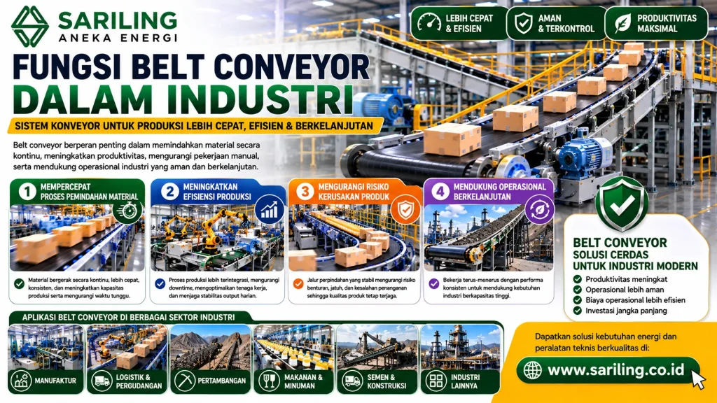 Fungsi belt conveyor dalam industri untuk mempercepat pemindahan material, meningkatkan efisiensi produksi, mengurangi risiko kerusakan produk, dan mendukung operasional berkelanjutan pada sektor manufaktur, logistik, makanan minuman, serta pertambangan oleh Sariling Aneka Energi.