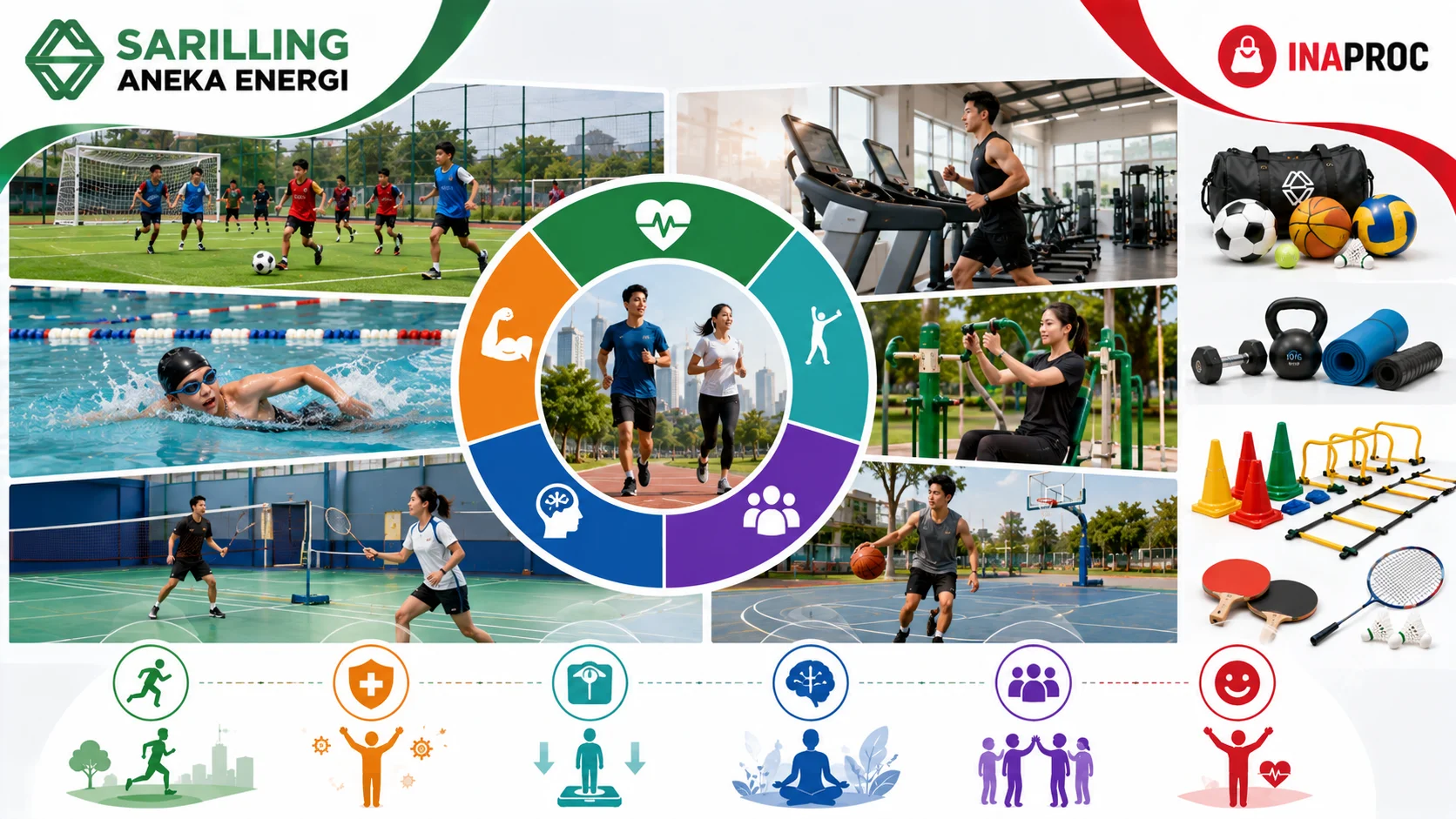 Ilustrasi fungsi peralatan olahraga dalam aktivitas fisik yang menampilkan berbagai kegiatan olahraga seperti sepak bola, renang, bulu tangkis, basket, latihan kebugaran, olahraga luar ruang, serta beragam perlengkapan olahraga pendukung