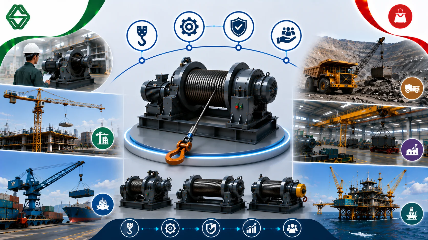 Ilustrasi fungsi utama winch machine yang menampilkan unit winch machine industri sebagai fokus utama, berbagai tipe winch, serta penerapannya pada sektor konstruksi, pelabuhan, pertambangan, manufaktur, pergudangan, dan industri lepas pantai. Logo Sariling Aneka Energi berada di pojok kiri atas dan logo INAPROC di pojok kanan atas.
