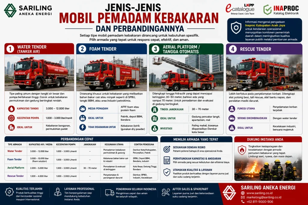 Jenis-jenis mobil pemadam kebakaran dan perbandingannya meliputi water tender, foam tender, aerial platform, dan rescue tender berdasarkan fungsi, kapasitas, dan penggunaan