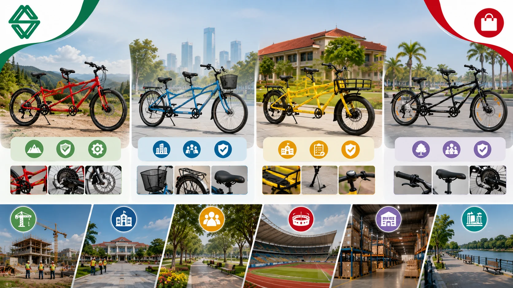 Ilustrasi berbagai jenis sepeda tandem yang digunakan untuk kebutuhan proyek, menampilkan beberapa model sepeda tandem dengan desain dan spesifikasi berbeda untuk area perkotaan, kawasan wisata, fasilitas publik, ruang terbuka hijau, dan lingkungan pemerintahan