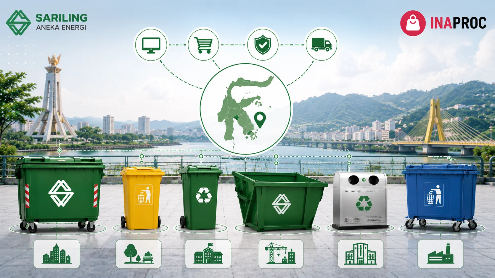 Ilustrasi berbagai jenis kontainer sampah yang umum digunakan dalam pengadaan Sulawesi Tengah melalui Inaproc