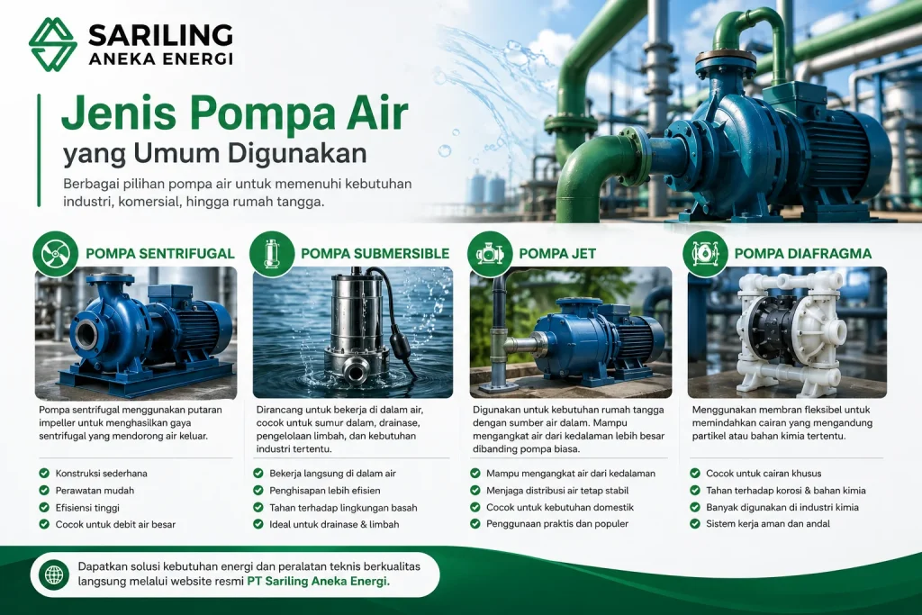 Jenis pompa air yang umum digunakan meliputi pompa sentrifugal, pompa submersible, pompa jet, dan pompa diafragma dengan logo Sariling Aneka Energi