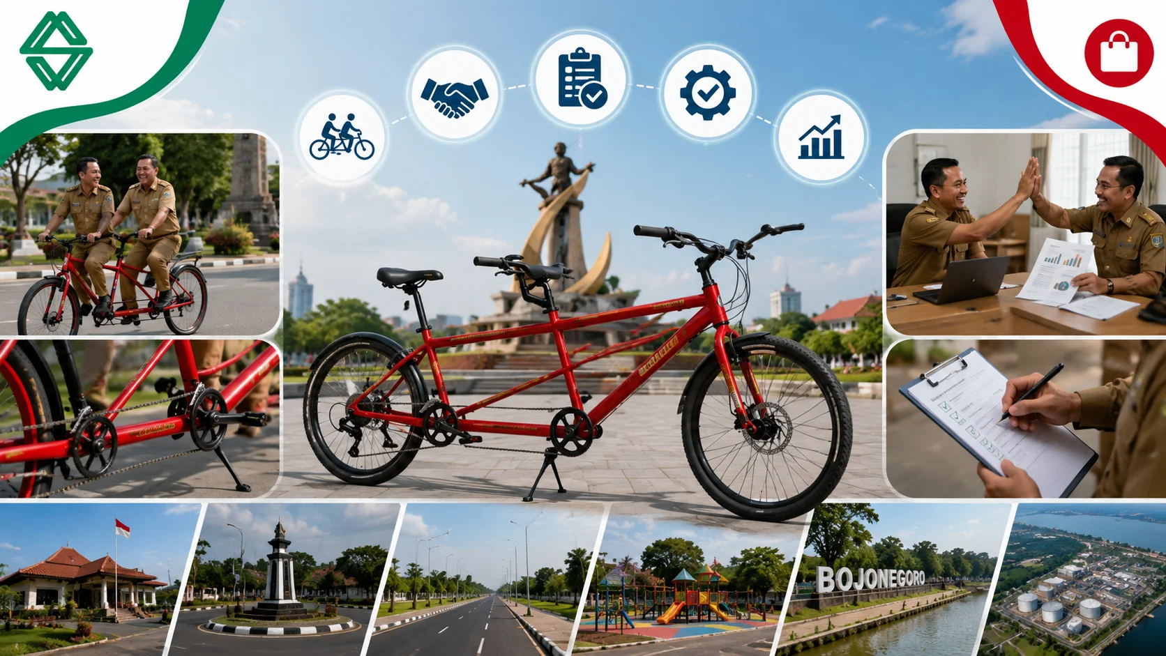 Ilustrasi sepeda tandem sebagai produk pengadaan INAPROC untuk Kabupaten Bojonegoro, menampilkan sepeda tandem berwarna merah sebagai fokus utama dengan latar area publik, fasilitas pemerintah, ruang terbuka hijau, serta aktivitas penggunaan sepeda tandem.