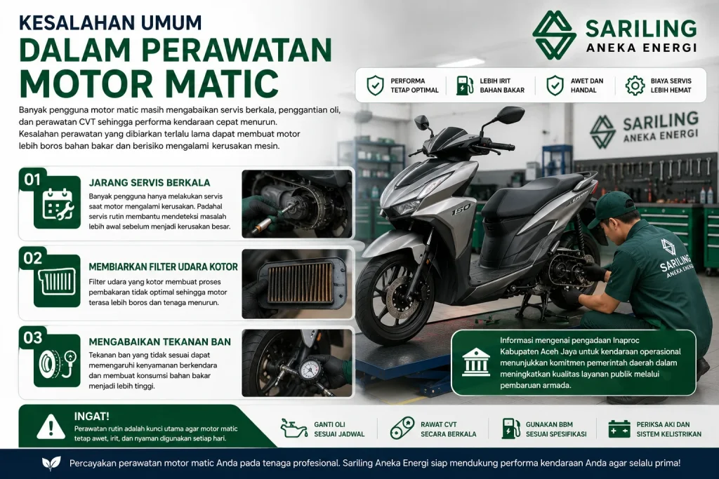 Kesalahan umum dalam perawatan motor matic seperti jarang servis berkala, filter udara kotor, dan tekanan ban tidak sesuai