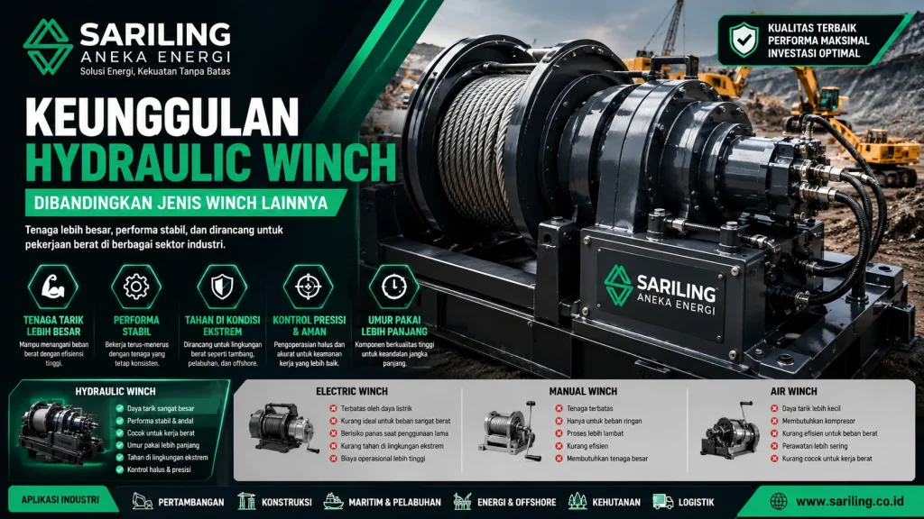 Keunggulan Hydraulic Winch dibandingkan jenis winch lainnya dengan ilustrasi hydraulic winch industri dan logo Sariling Aneka Energi.