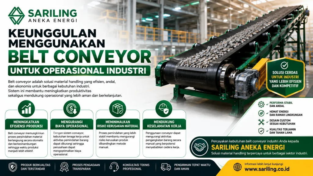 Keunggulan menggunakan belt conveyor untuk operasional industri dari Sariling Aneka Energi yang menampilkan manfaat peningkatan efisiensi produksi, pengurangan biaya operasional, minim risiko kerusakan material, dan dukungan keselamatan kerja di lingkungan manufaktur.