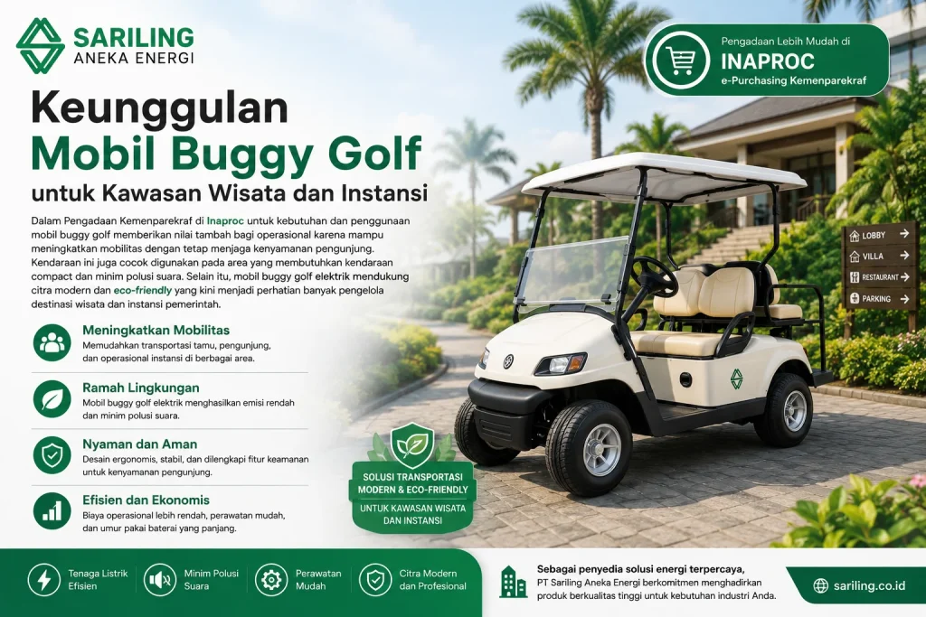 Keunggulan mobil buggy golf untuk kawasan wisata dan instansi melalui Pengadaan Kemenparekraf di Inaproc, mendukung mobilitas ramah lingkungan dengan kendaraan elektrik dari Sariling Aneka Energi.