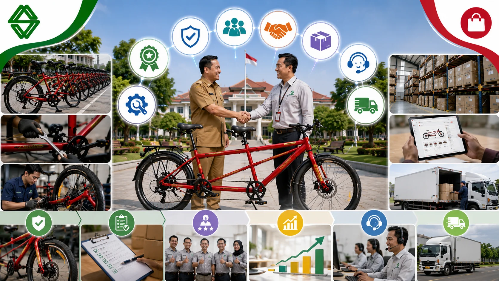 Ilustrasi Sariling Aneka Energi sebagai vendor sepeda tandem INAPROC yang menampilkan sepeda tandem sebagai produk utama, proses kerja sama dengan instansi pemerintah, inspeksi kualitas, layanan pelanggan, pergudangan, distribusi, serta pengiriman produk.
