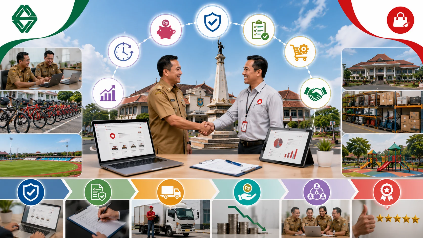 Ilustrasi keuntungan pengadaan melalui INAPROC Kabupaten Bojonegoro yang menampilkan proses kerja sama antara penyedia dan instansi pemerintah, pengadaan secara digital, distribusi produk, fasilitas publik, serta sistem pengadaan yang transparan dan efisien.
