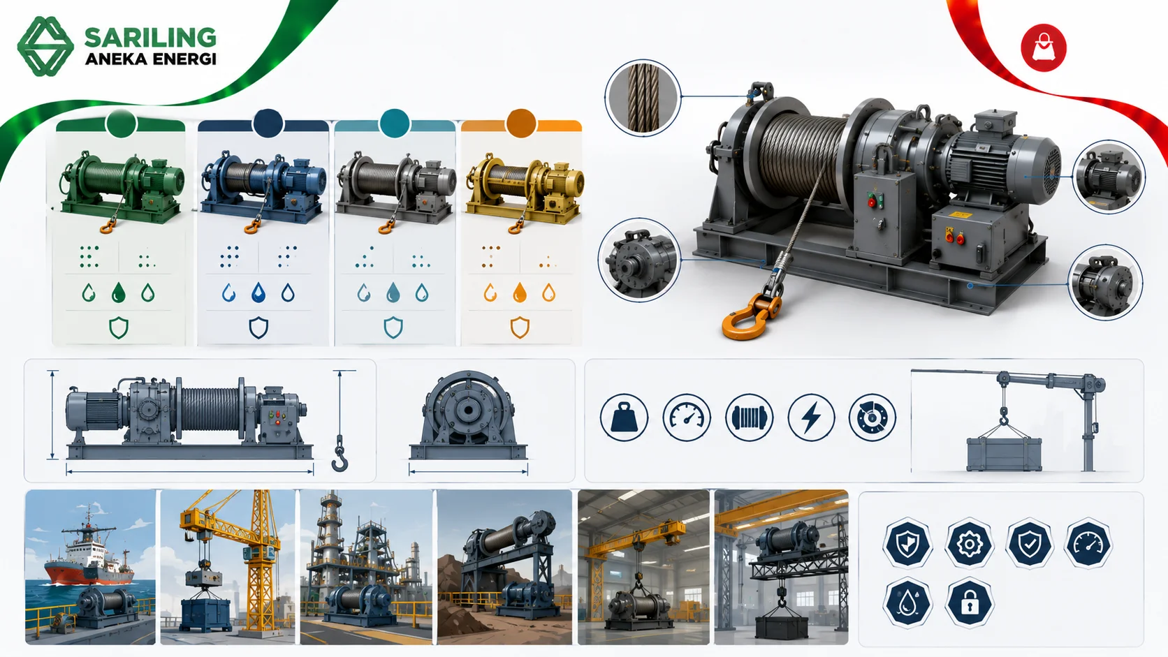 Ilustrasi berbagai jenis winch machine untuk aplikasi industri yang menampilkan beberapa model winch dengan konfigurasi berbeda, satu unit winch berukuran besar sebagai fokus utama, detail komponen mekanis, serta penerapan pada sektor konstruksi, pelabuhan, pergudangan, pertambangan, dan industri