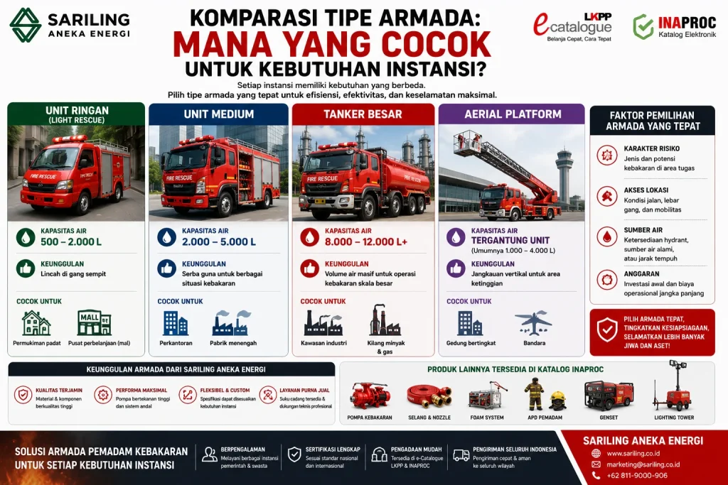 Komparasi tipe armada mobil pemadam kebakaran untuk kebutuhan instansi meliputi unit ringan, unit medium, tanker besar, dan aerial platform beserta kapasitas dan fungsinyaKomparasi tipe armada mobil pemadam kebakaran untuk kebutuhan instansi meliputi unit ringan, unit medium, tanker besar, dan aerial platform beserta kapasitas dan fungsinya