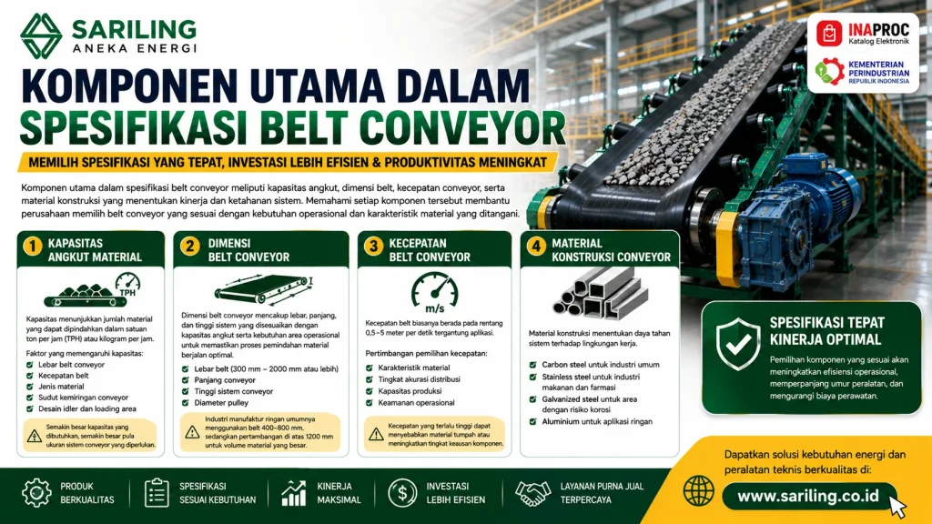 Komponen utama dalam spesifikasi belt conveyor industri dari Sariling Aneka Energi yang mencakup kapasitas angkut material, dimensi belt conveyor, kecepatan belt, dan material konstruksi conveyor untuk mendukung efisiensi operasional dan produktivitas industri.