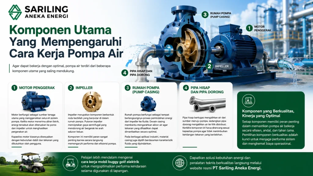 Komponen utama yang mempengaruhi cara kerja pompa air meliputi motor penggerak, impeller, rumah pompa (pump casing), serta pipa hisap dan pipa dorong dengan logo Sariling Aneka Energi