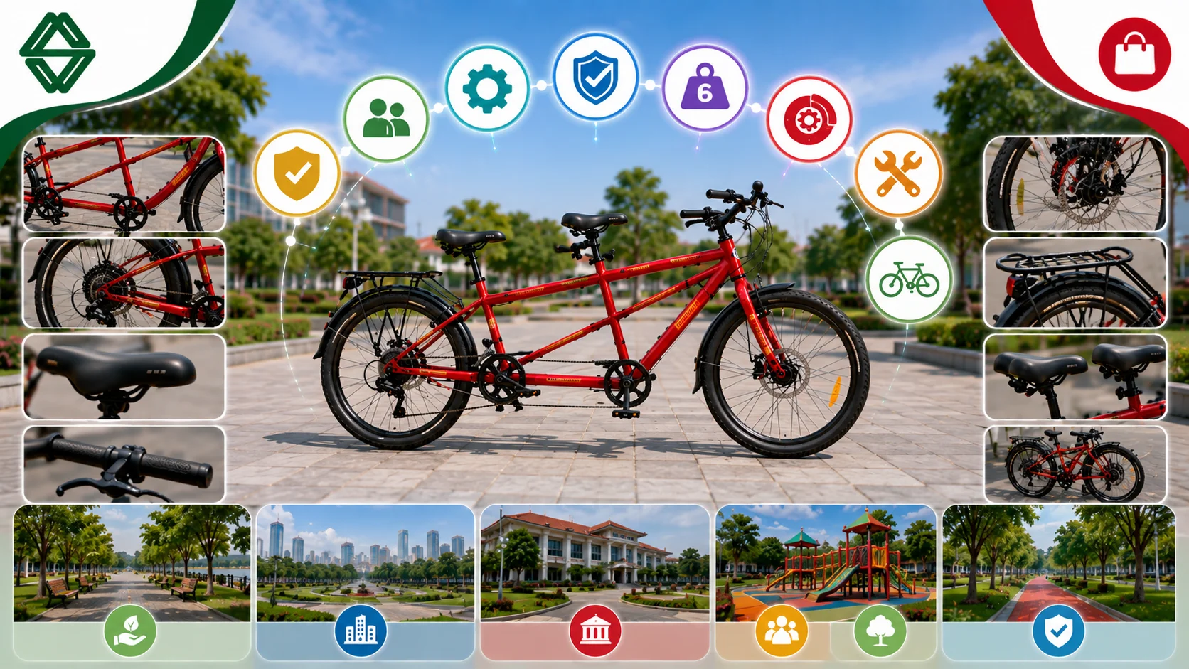Ilustrasi kriteria penting dalam memilih sepeda tandem yang menampilkan sepeda tandem sebagai fokus utama dengan detail rangka, sistem pengereman, roda, drivetrain, sadel, dan rak belakang. Ilustrasi juga menampilkan lingkungan taman kota, kawasan pemerintahan, dan ruang publik sebagai contoh penggunaan