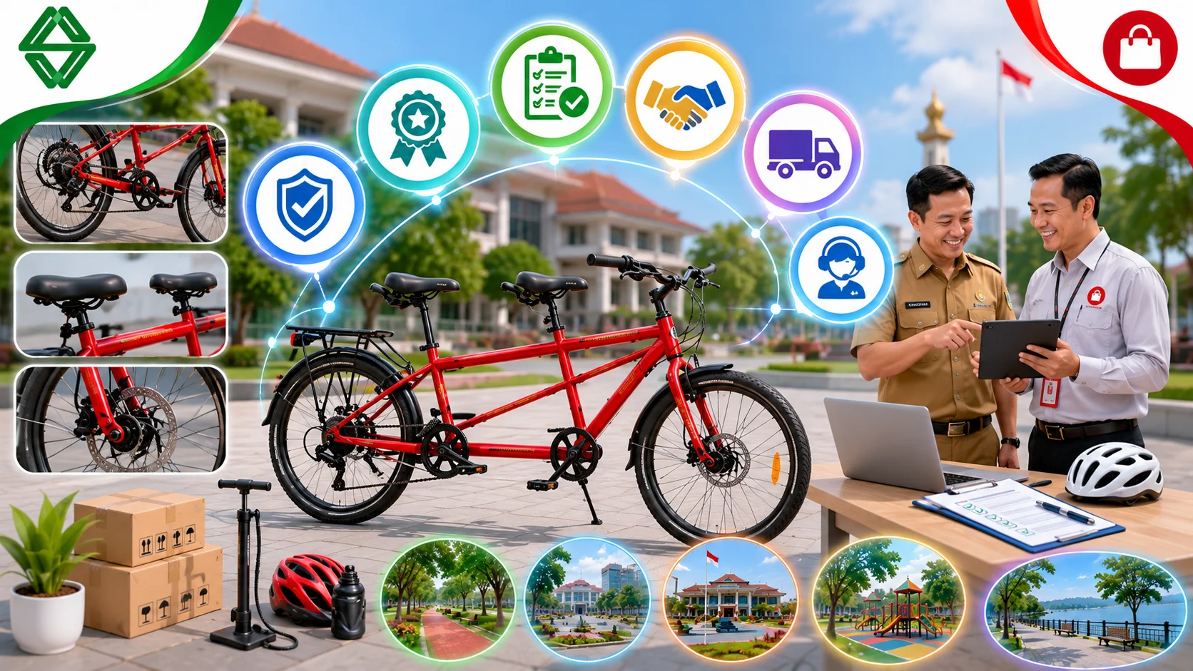 Ilustrasi proses memilih penyedia sepeda tandem INAPROC yang menampilkan sepeda tandem sebagai produk utama, proses evaluasi penyedia, pemeriksaan kualitas produk, layanan pelanggan, pergudangan, serta kolaborasi antara instansi pemerintah dan penyedia.
