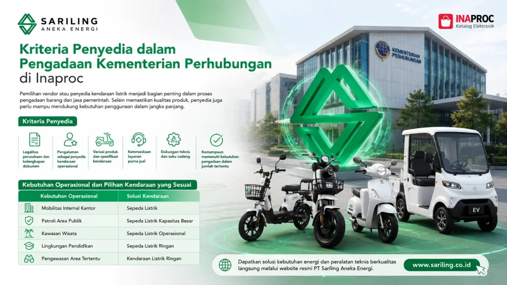 Kriteria penyedia dalam pengadaan Kementerian Perhubungan di Inaproc dengan solusi kendaraan listrik operasional dari Sariling Aneka Energi untuk mendukung kebutuhan mobilitas instansi pemerintah.