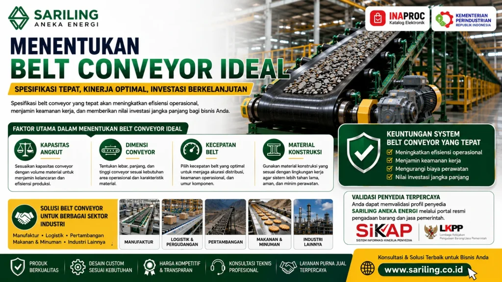 Menentukan belt conveyor ideal untuk kebutuhan industri dari Sariling Aneka Energi dengan pembahasan kapasitas angkut, dimensi conveyor, kecepatan belt, material konstruksi, serta solusi conveyor untuk sektor manufaktur, logistik, pertambangan, dan makanan minuman.