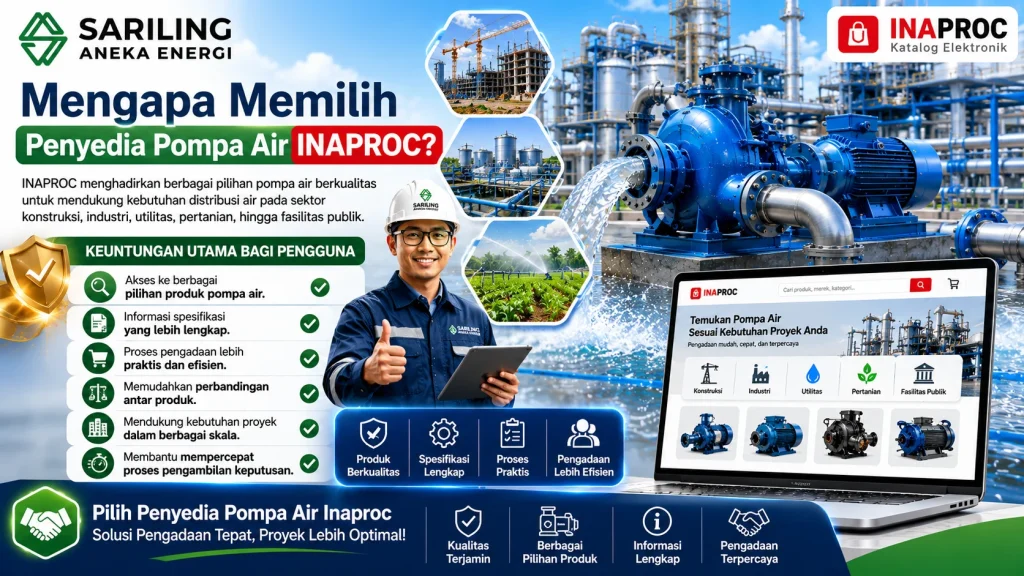 Keunggulan memilih Penyedia Pompa Air INAPROC untuk kebutuhan konstruksi, industri, utilitas, pertanian, dan fasilitas publik dengan logo Sariling Aneka Energi