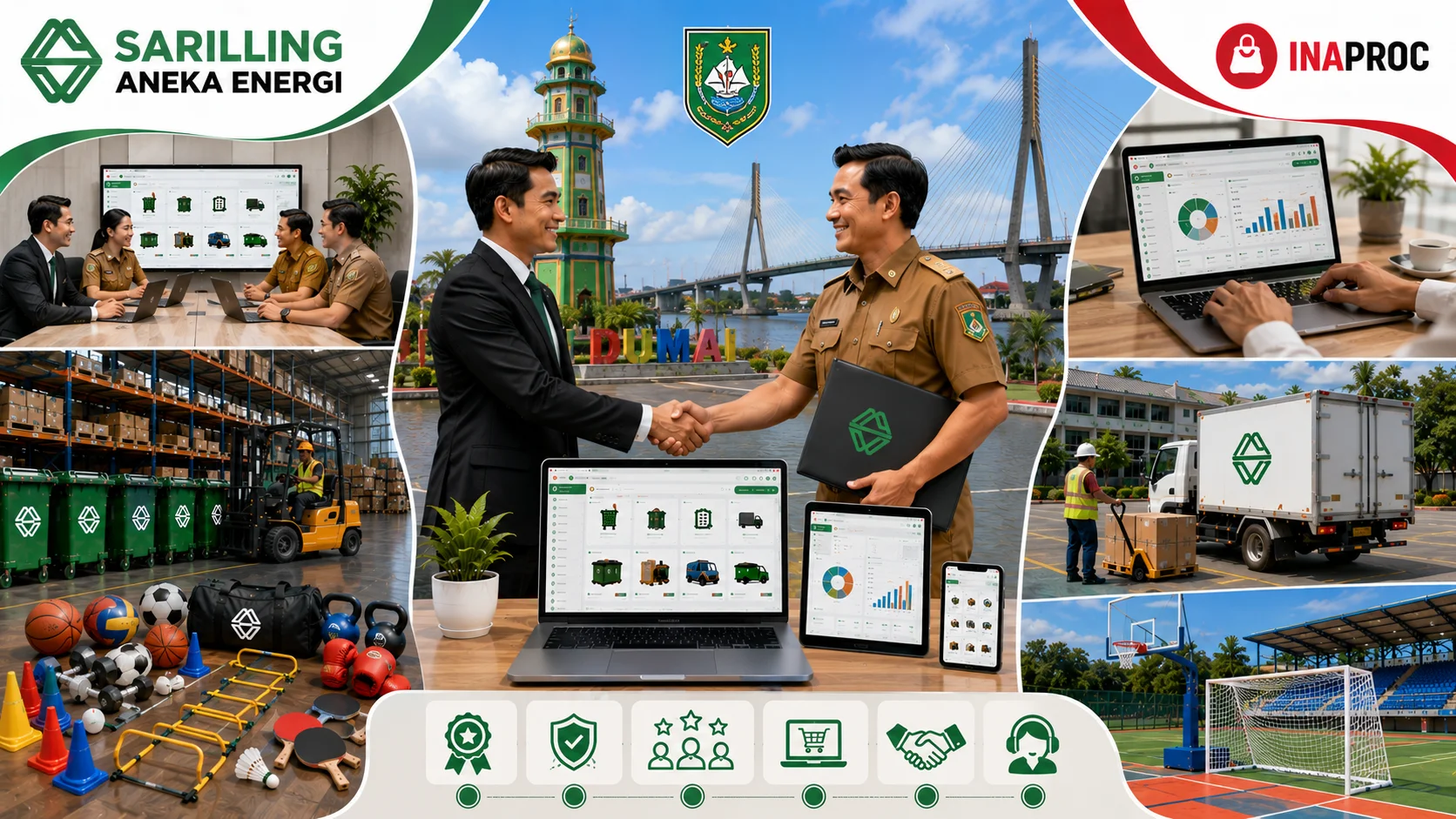 Ilustrasi Sariling Aneka Energi sebagai pilihan penyedia pengadaan Inaproc Kota Dumai yang menampilkan kolaborasi dengan instansi pemerintah, platform e-katalog digital, aktivitas logistik dan distribusi barang, gudang penyimpanan, perlengkapan olahraga, serta ikon Kota Dumai sebagai latar belakang. Logo Sariling Aneka Energi berada di pojok kiri atas dan logo Inaproc di pojok kanan atas.