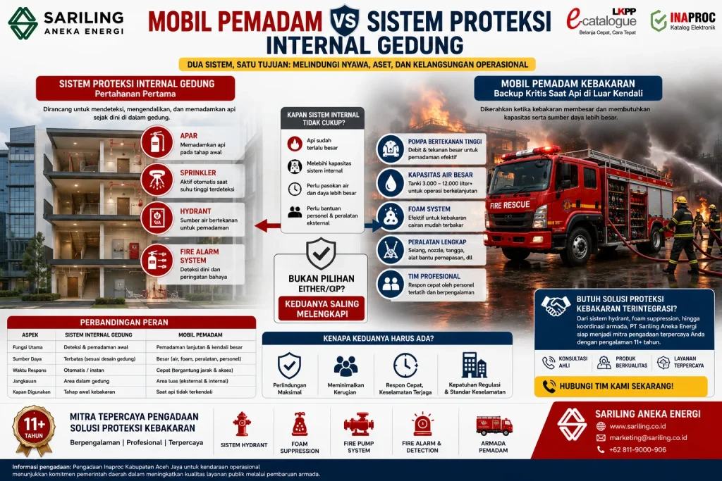 Mobil pemadam kebakaran vs sistem proteksi internal gedung yang membandingkan fungsi APAR, hydrant, sprinkler, dan armada damkar dalam penanganan kebakaran