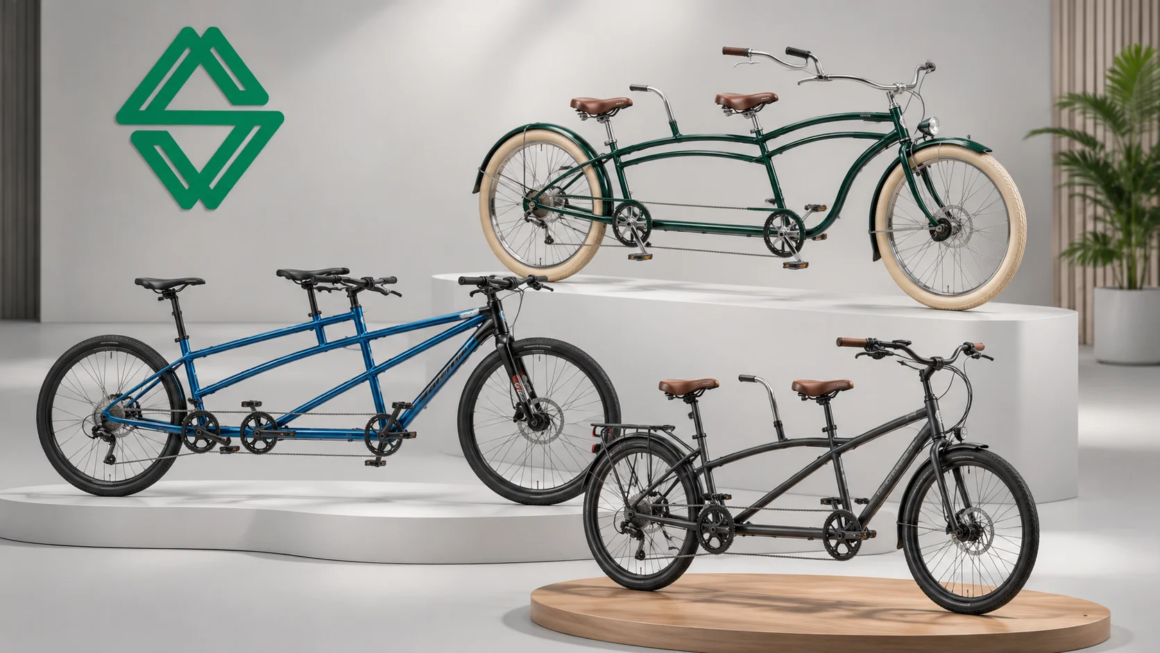 Ilustrasi tiga model sepeda tandem yang terdiri dari desain vintage cruiser, sport modern, dan city urban pada studio display dengan pencahayaan profesional serta logo Sariling Aneka Energi.