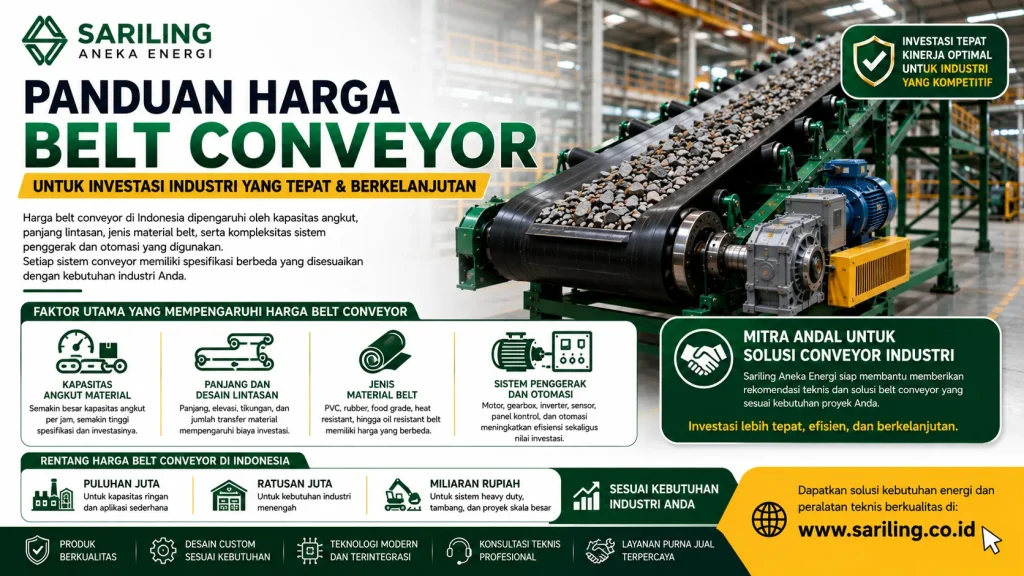 Panduan harga belt conveyor untuk investasi industri dari Sariling Aneka Energi yang menampilkan faktor penentu harga conveyor, kapasitas angkut material, jenis belt, sistem penggerak dan otomasi, serta solusi conveyor industri untuk manufaktur, logistik, pergudangan, dan pertambangan.