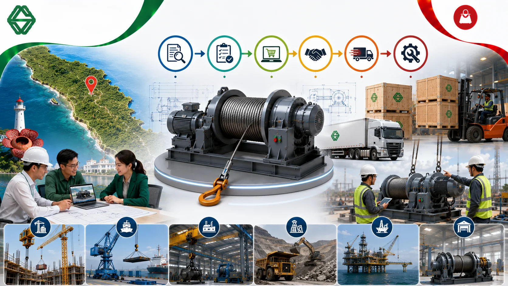 Ilustrasi proses pengadaan winch machine yang menampilkan unit winch machine industri, aktivitas konsultasi pengadaan, distribusi logistik, inspeksi teknis, pengiriman menggunakan truk, serta penerapan winch machine pada sektor konstruksi, pelabuhan, pertambangan, pergudangan, dan industri