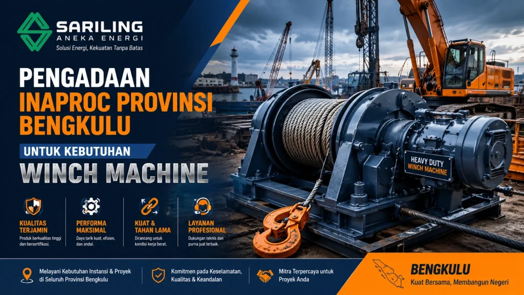 Pengadaan Inaproc Provinsi Bengkulu untuk kebutuhan winch machine dengan ilustrasi alat winch industri dan logo Sariling Aneka Energi.