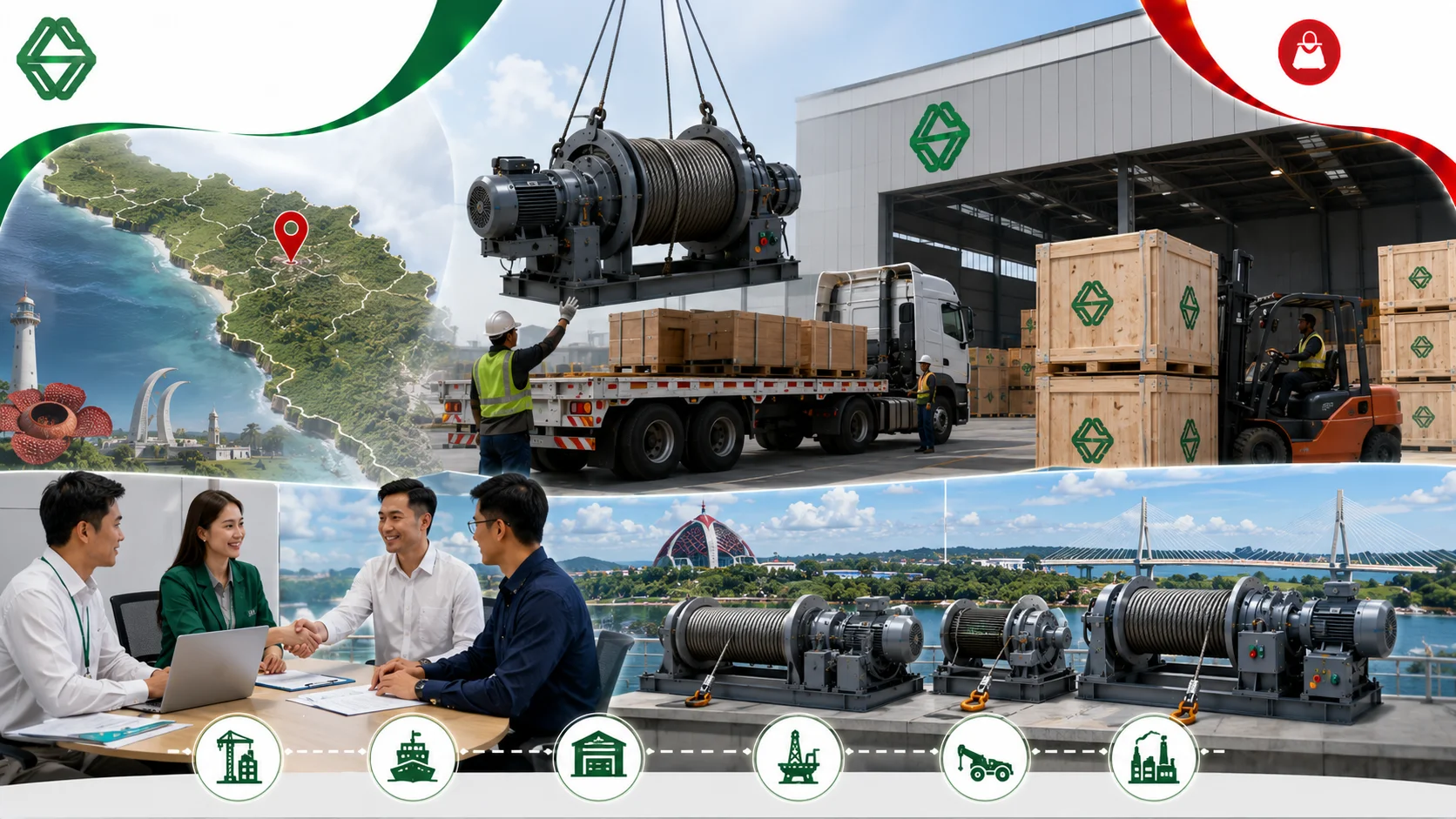 Ilustrasi pengadaan winch machine melalui INAPROC di Provinsi Bengkulu yang menampilkan proses pengangkatan winch menggunakan crane, aktivitas distribusi di gudang logistik, truk pengiriman, peta Provinsi Bengkulu