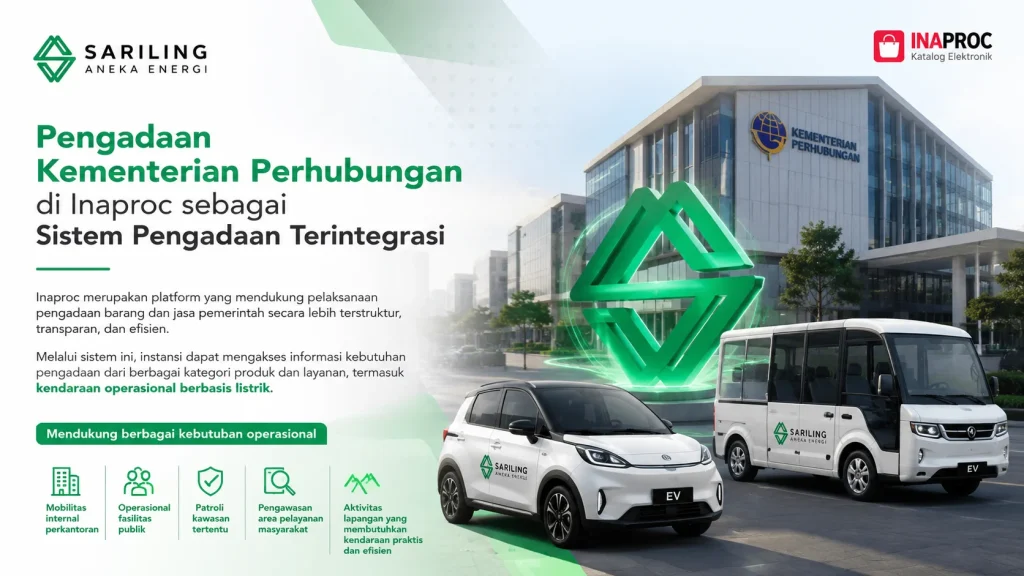 Pengadaan Kementerian Perhubungan di Inaproc dengan kendaraan operasional listrik dari Sariling Aneka Energi untuk mendukung sistem pengadaan terintegrasi pemerintah.