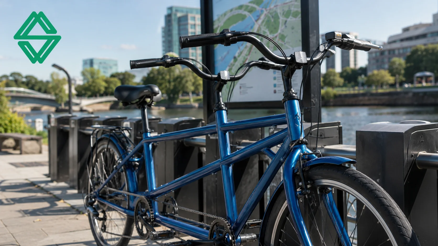 Close-up sepeda tandem premium berwarna biru yang terparkir di terminal taman tepi sungai dengan logo Sariling Aneka Energi, menggambarkan solusi pengadaan sepeda tandem berkualitas untuk instansi pemerintah dan kawasan publik.