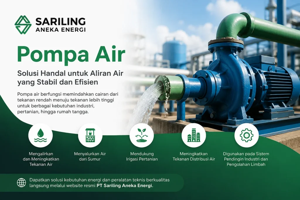 Pengertian dan fungsi pompa air industri untuk distribusi air, irigasi pertanian, dan sistem pengolahan limbah dengan logo Sariling Aneka Energi