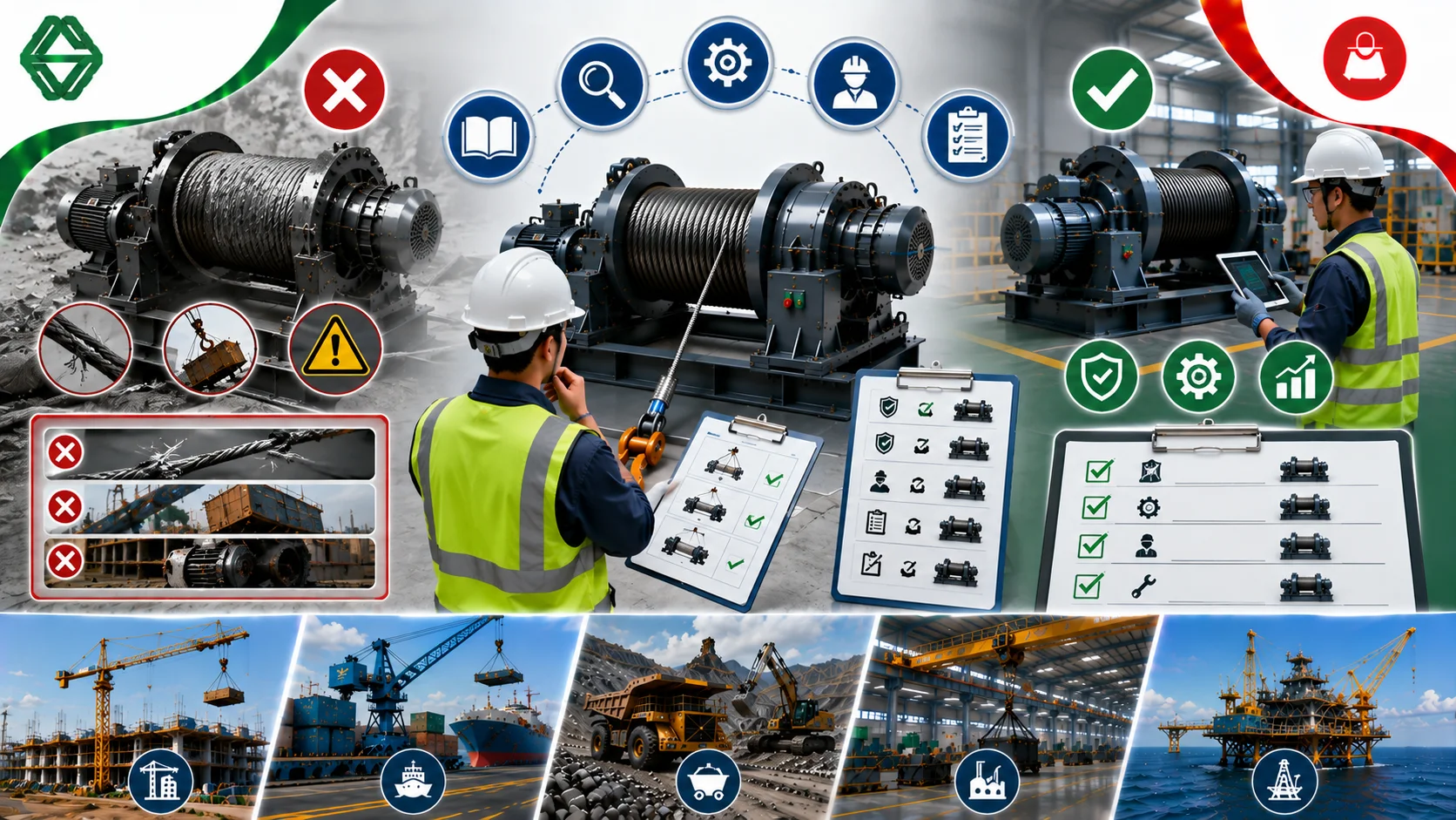 Ilustrasi pentingnya memahami fungsi winch machine sebelum digunakan, menampilkan teknisi yang melakukan inspeksi dan pemeriksaan winch machine, perbandingan kondisi penggunaan yang benar dan tidak tepat, serta penerapan winch machine pada sektor konstruksi, pelabuhan, pertambangan, manufaktur, dan industri lepas pantai.