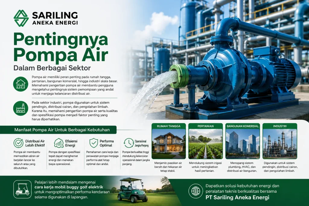 Pentingnya pompa air untuk rumah tangga, pertanian, bangunan komersial, dan industri dengan logo Sariling Aneka Energi