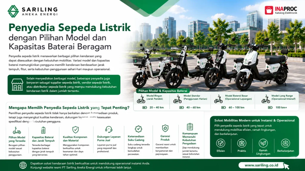 Penyedia sepeda listrik dengan pilihan model dan kapasitas baterai beragam dari Sariling Aneka Energi untuk kebutuhan mobilitas operasional, instansi, dan pengadaan kendaraan listrik.