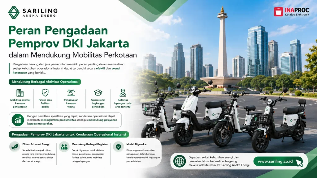 Peran Pengadaan Pemprov DKI Jakarta dalam mendukung mobilitas perkotaan melalui penggunaan sepeda listrik operasional dari Sariling Aneka Energi untuk aktivitas pemerintahan dan pelayanan publik.