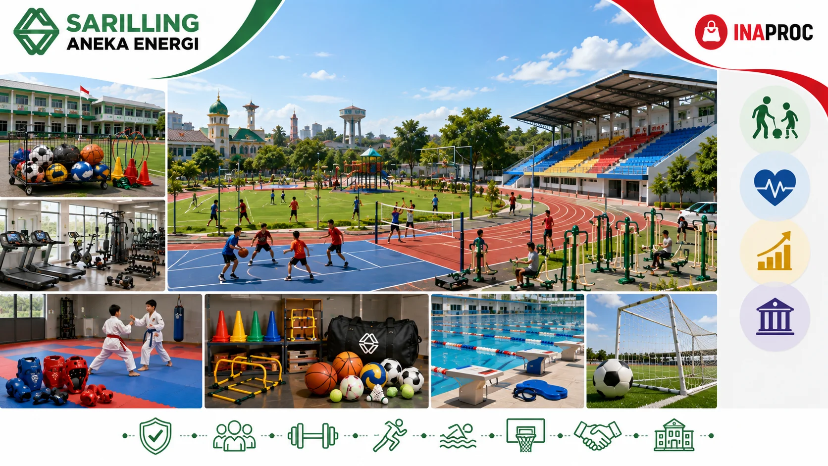 Ilustrasi peran peralatan olahraga dalam mendukung fasilitas publik yang menampilkan area olahraga terbuka, lapangan multifungsi, stadion, alat fitness outdoor, kolam renang, perlengkapan olahraga, aktivitas masyarakat berolahraga, serta logo Sariling Aneka Energi di pojok kiri atas dan logo Inaproc di pojok kanan atas.
