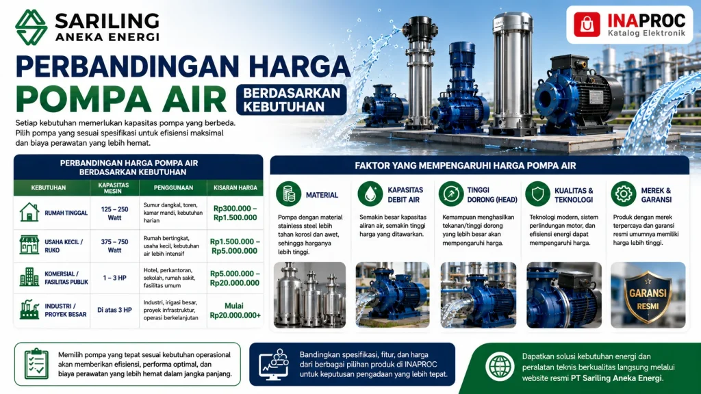 Perbandingan harga pompa air berdasarkan kebutuhan rumah tangga, usaha kecil, fasilitas komersial, dan industri serta faktor yang mempengaruhi harga dengan logo Sariling Aneka Energi