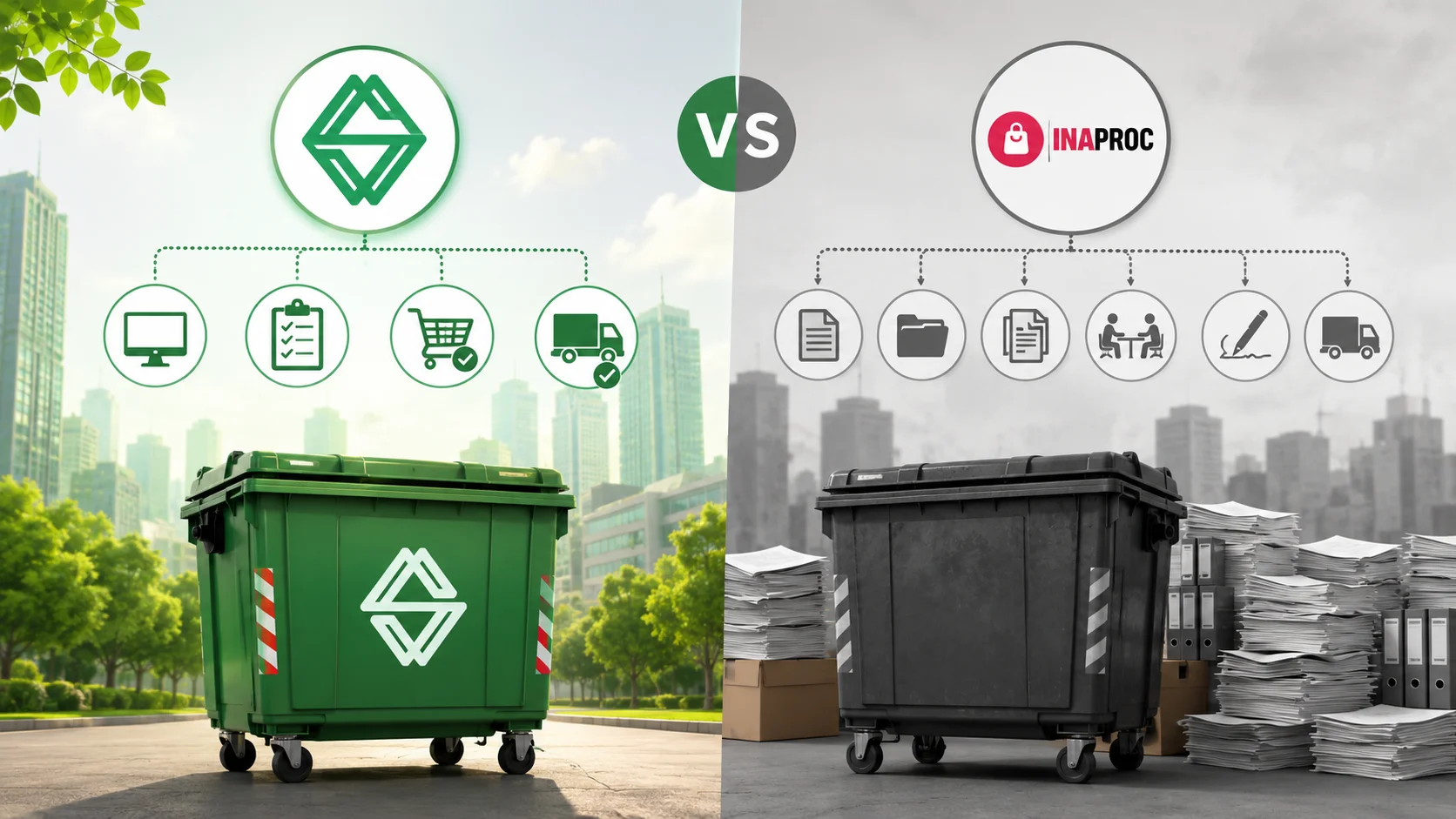 Ilustrasi perbandingan pengadaan kontainer sampah melalui Inaproc dan metode konvensional dengan logo Sariling Aneka Energi dan logo Inaproc, menampilkan proses digital yang efisien dibandingkan proses pengadaan manual berbasis dokumen