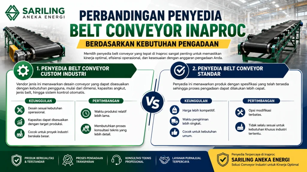 Perbandingan penyedia belt conveyor Inaproc berdasarkan kebutuhan pengadaan menampilkan perbedaan vendor belt conveyor custom industri dan belt conveyor standar, termasuk keunggulan, pertimbangan, serta solusi pengadaan dari Sariling Aneka Energi.