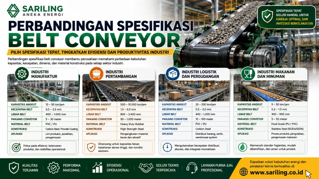 Perbandingan spesifikasi belt conveyor berdasarkan sektor industri dari Sariling Aneka Energi yang menampilkan perbedaan kapasitas angkut, kecepatan belt, dimensi conveyor, dan material konstruksi untuk industri manufaktur, pertambangan, logistik pergudangan, serta makanan dan minuman.
