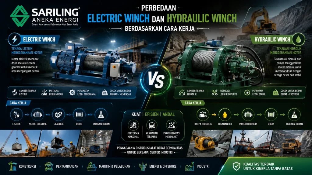 Perbedaan Electric Winch dan Hydraulic Winch berdasarkan cara kerja dengan ilustrasi perbandingan sistem penggerak serta logo Sariling Aneka Energi.