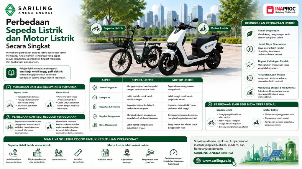 Perbedaan sepeda listrik dan motor listrik secara singkat berdasarkan kecepatan, performa, regulasi penggunaan, biaya operasional, dan kebutuhan mobilitas bersama Sariling Aneka Energi
