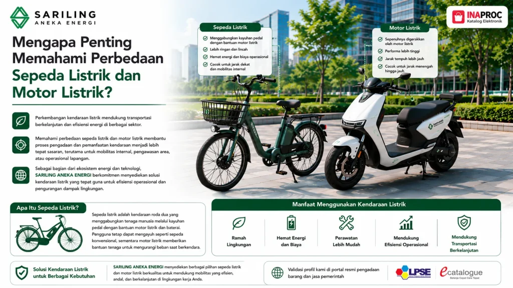 Perbedaan sepeda listrik dan motor listrik untuk mendukung mobilitas berkelanjutan, efisiensi energi, dan kebutuhan operasional bersama Sariling Aneka Energi.