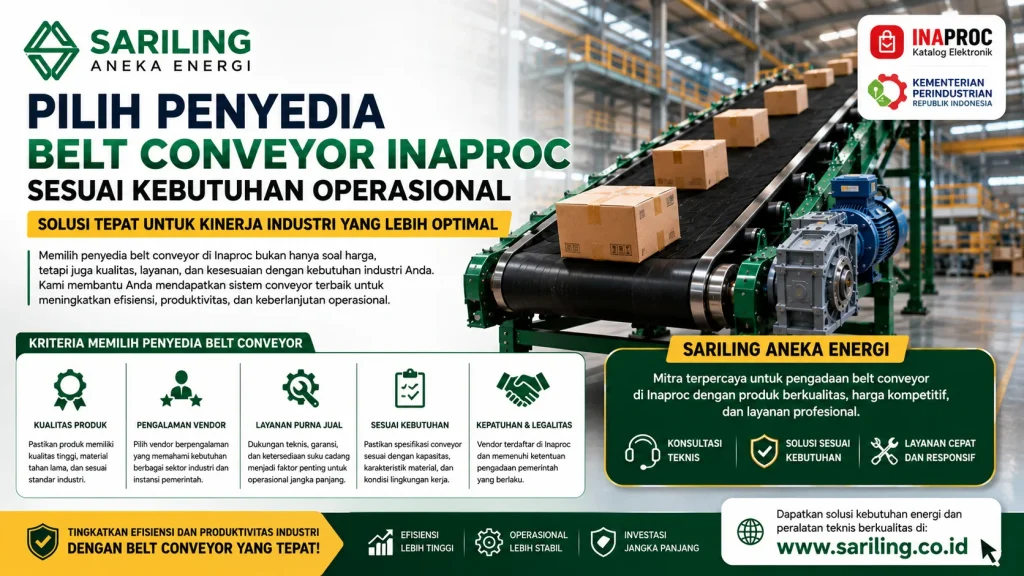 Feature image Pilih Penyedia Belt Conveyor Inaproc Sesuai Kebutuhan Operasional menampilkan sistem belt conveyor industri, kriteria pemilihan vendor terpercaya, layanan konsultasi teknis, dan solusi pengadaan dari Sariling Aneka Energi untuk meningkatkan efisiensi operasional industri.