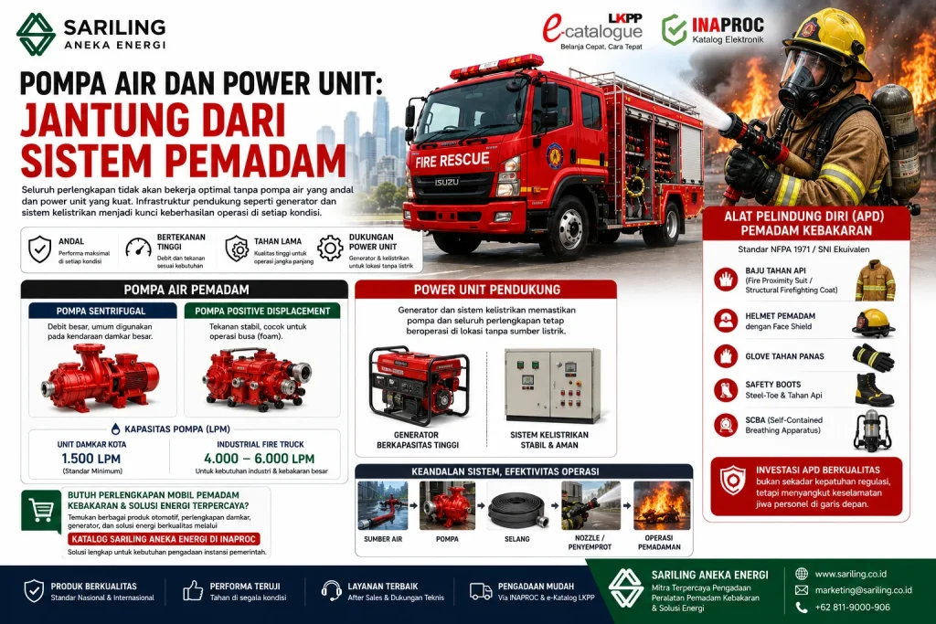 Pompa air dan power unit sebagai jantung sistem pemadam kebakaran dengan pompa sentrifugal, pompa positive displacement, generator, serta APD pemadam kebakaran standar NFPA